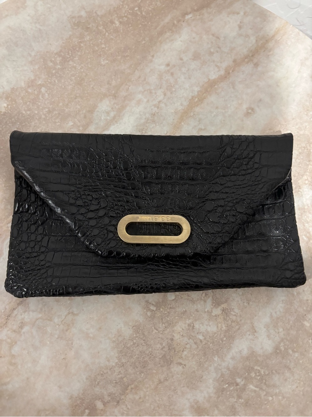 Jimmy Choo Black Croc-Embossed Leather Clutch with Gold Hardware